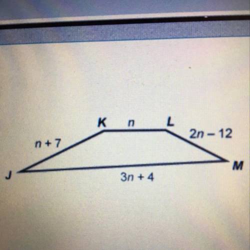 The perimeter of quadrilateral JKLM is 90 centimeters. Which is the length of side KL