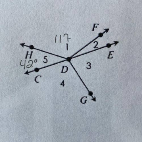 If m angle 5 = 42 degrees and m angle 1 = 117 degrees, find m angle CDF