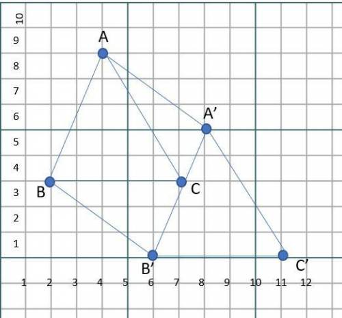Graph a triangle ABC and perform a translation of (x + 4, y − 3) to create triangle A′B′C′. Describe