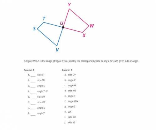 Figure WXUY is the image of figure STUV. Idnetify the corresponding side or angle for each given si
