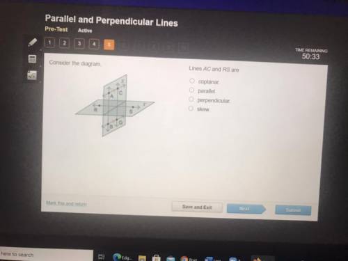 Consider the diagram

Lines AC and RS are 
Coplanar
Parallel 
Perpendicular 
Skew