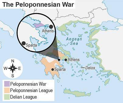 The map shows Greece during the Peloponnesian War.

A map titled The Peloponnesian War. A key show