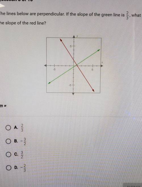 the lines below are perpendicular if the slope of the green line is 2/3 what is the slope of the re