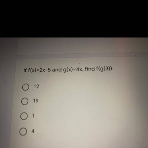 If f(x)=2x-5 and g(x)=4x, find f(g(3)).
i’m sloww, 15 points