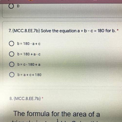 Solve the equation a + b - c = 180 for b.