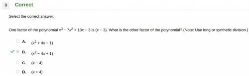 One factor of the polynomial x^3 − 7x^2 + 13x − 3 is (x − 3). What is the other factor of the polyn