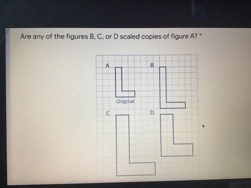 PLEASE HELP WORTH 40 POINTS!
Are any of the figures B, C, or D scaled copies of figure A?