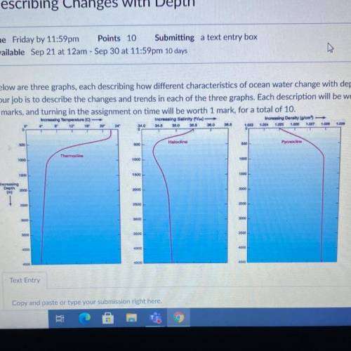 Below are three graphs, each describing how different characteristics of ocean water change with de