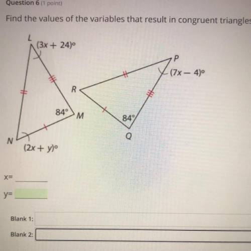 Help, I’m struggling. 
Find the values of the variables that result in congruent triangles.