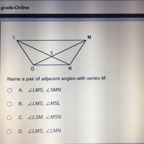 Name a pair of adjacent angles with vertex M.