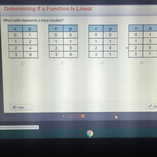 Which table represents a linear function?

2
.
y
y
y
1
0
0
0
0
lo
0
1
1
1
1
1
1
1
1
1
3
AN
2
2.
3