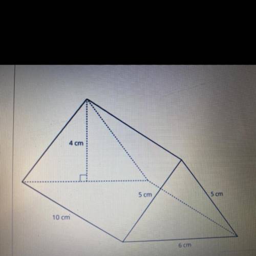 Here is a triangular prism.

1. What is the volume of the prism, in cubic centimeters? 
2. What is
