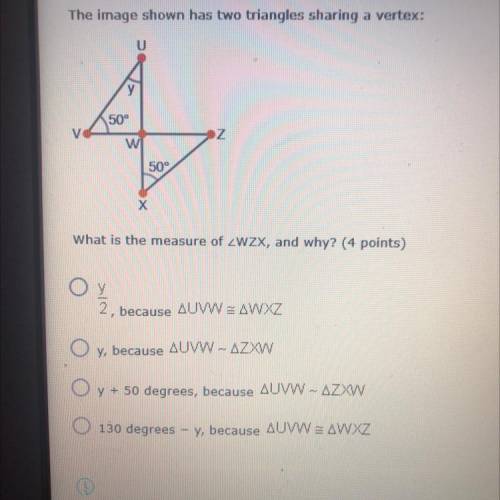 The image shown has two triangles sharing a vertex 
what is the measure of
