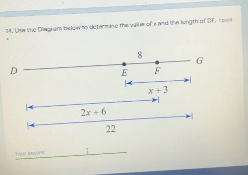 14. Use the Diagram below to determine the value of x, and the length of DF,

8.
G
D
E
F
x +3
2x+6