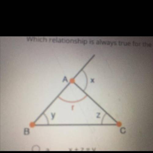 Which relationship is always true for the angles of r, x, y and z of the triangle ABC

A
X + Z=y
B