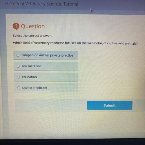 Select the correct answer.

Which field of veterinary medicine focuses on the well-being of captiv
