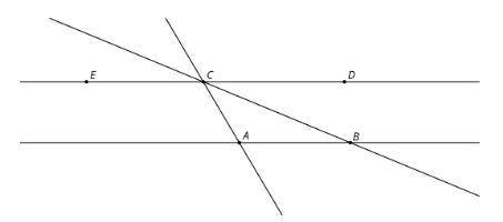 In this diagram, lines AB and CD are parallel.

Angle ABC measures 35° and angle BAC measures 115°