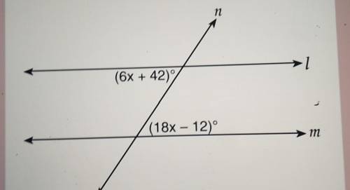Line n intersects lines 1 and m, forming the angles shown in the diagram below.

which value of x