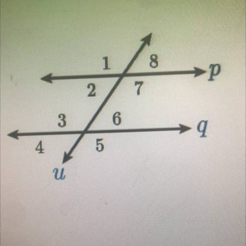 In the given figure, line p is parallel to line q. Which of the following describes the relationshi