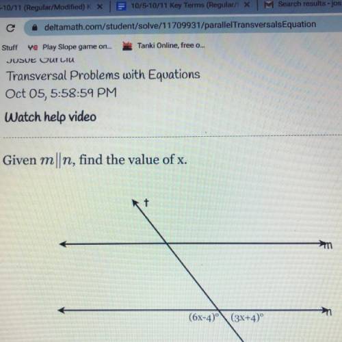 Given m||n, find the value of x.
+
mm
(6x-4)º(3x+4)º