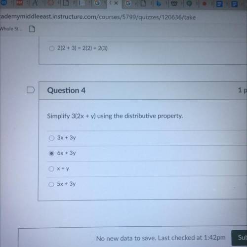 Simplify 3(2x + y) using the distributive property.
0 3x + 3y
6x + 3y
Ox+y
5x + 3y