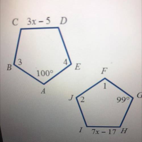 Please help!!!

Given that pentagon ABCDE ≈ pentagon FGHIJ, find the measure of angle 1. 
A. 99
B.