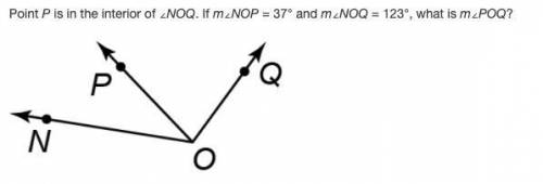 Point P is in the interior of ∠NOQ. If m∠NOP = 37° and m∠NOQ = 123°, what is m∠POQ?