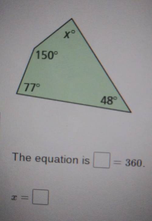 The sum of the angle measures of a quadrilateral is 360. Write and solve an equation to fimd the va