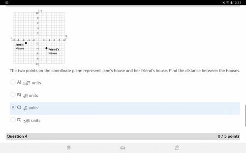 The two points on the coordinate plane represent Jane's house and her friend's house. Find the dist
