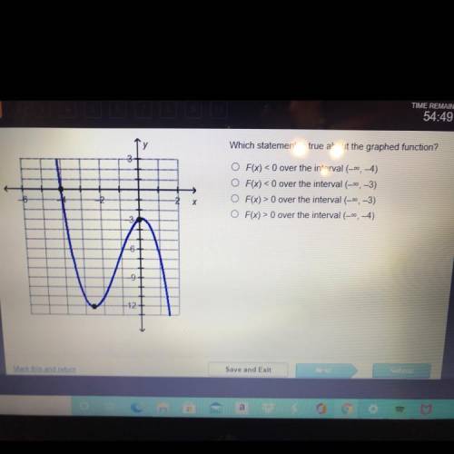 Which statement is true about the graphed function?

3
O F(x) <0 over the interval (_, 4)
O F(x
