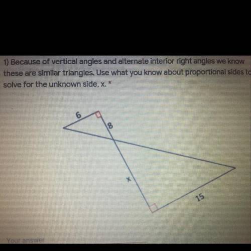 Because of the vertical angles and alternate interior angles we know these are similar triangles. U