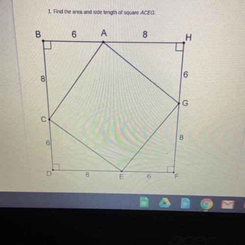 Find the area and side length of square ACEG. Please help!