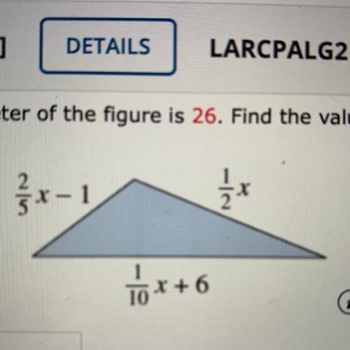 The perimeter of the figure is 26. Find the value of x.