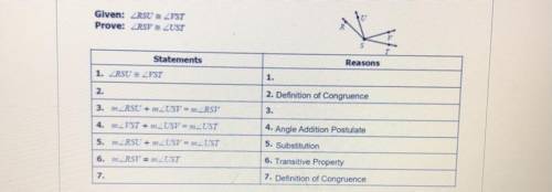 Reason 2) A:m
B:m
C:m
Reason 3)
A:Addition property
B:Angle addition postulate
C:Definition of cong