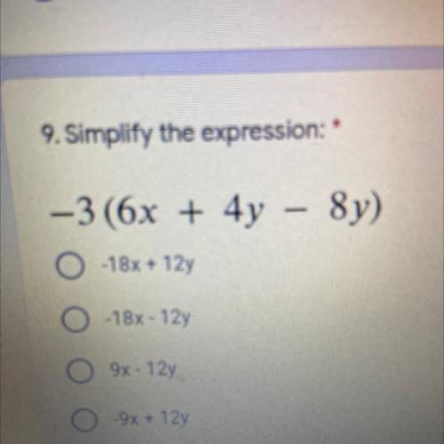 Simplify the expression:
-3(6x +4y-8y)