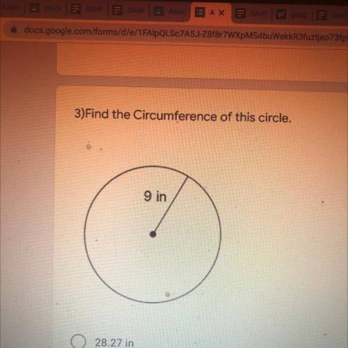 3)Find the Circumference of this circle.
9 in