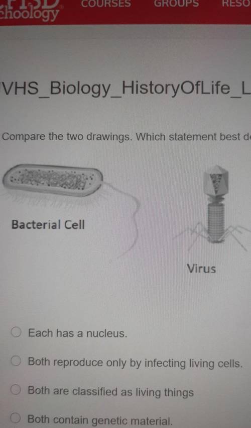 Compare the two drawings. Which statement best describes both images?Bacterial CellVirus