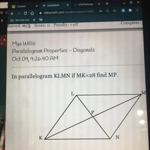 In parallelogram KLMN if MK=28 find MP.
