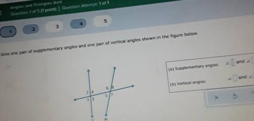 Give one pair of supplementary angles and one pair of vertical angles showing in the figure below