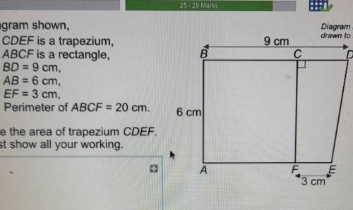 In the diagram shown,

.CDEF is a trapezium.ABCF is a rectangle.BD is 9cm.AB is 6cm.EF is 3cm.Peri