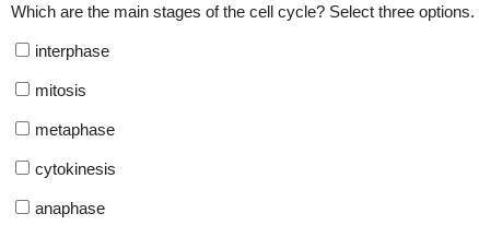 Which are the main stages of the cell cycle? Select three options.

interphase
mitosis
metaphase
c