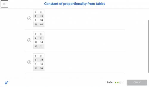 PLEASE HELP ME! (80 POINTS UP FOR GRABS!!)

Which table has a constant of proportionality between