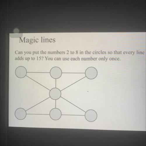 Magic lines

Can you put the numbers 2 to 8 in the circles so that every line
adds up to 15? You c