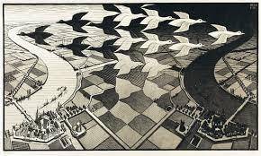 How does mc escher use value in this artwork
Write 2 sentences saying how he uses value