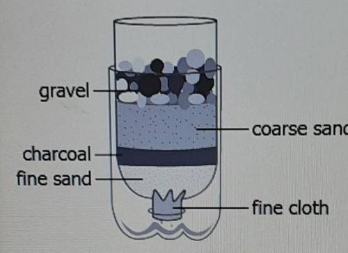 A student observes a simple water filter constructed by arranging diffrent Earths materials of vary