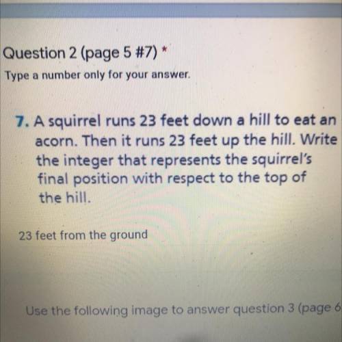Question 2 (page 5 #7) *

Type a number only for your answer.
7. A squirrel runs 23 feet down a hi