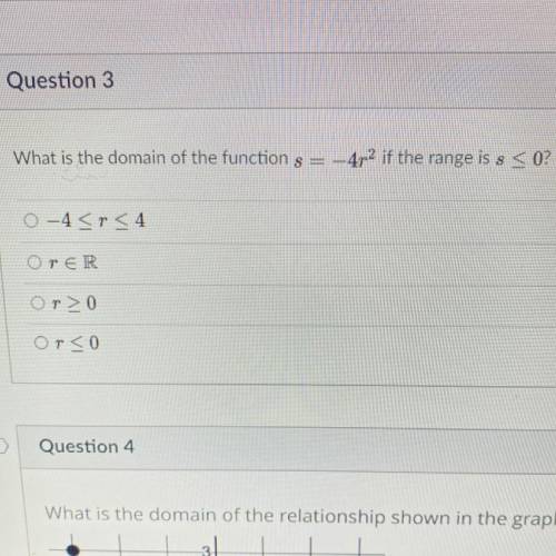 What is the domain of the function s=-4r^2 if the range is s <_ 0