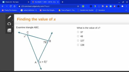 Examine triangle ABC.

Triangle A B C. Angle B is 79 degrees. Exterior angle to A is (x + 5) degre