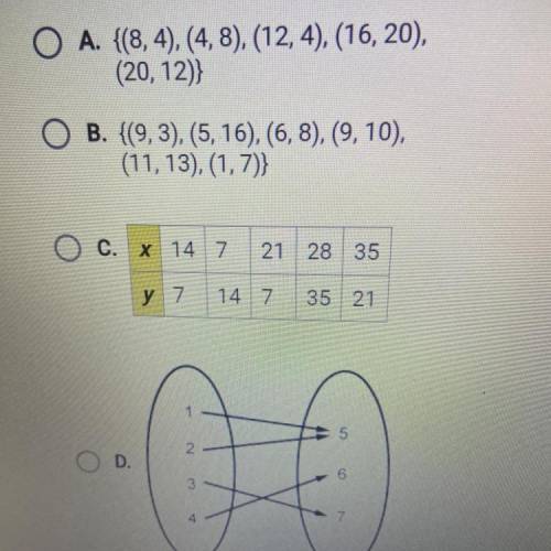Which relation is not a function?

Please help it is a quiz and I really need help! 5:06pm est ans