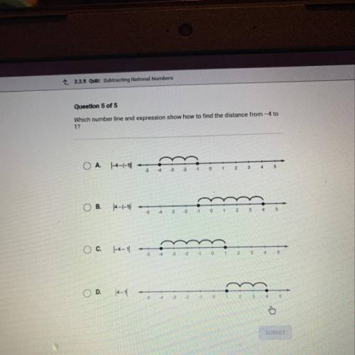 Which number line and expression show how to find the distance from -4 to 1?